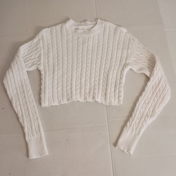 Aerie White Cable Knit Cropped Crew Neck Cotton Sweater Women’s Size XS - Picture 6 of 16